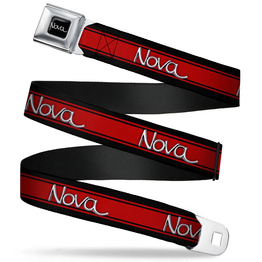 1968-72 NOVA Script Emblem Full Color Black Silver Seatbelt Belt - 1968-72 NOVA Script Emblem/Stripe Black/Red/Silver Webbing