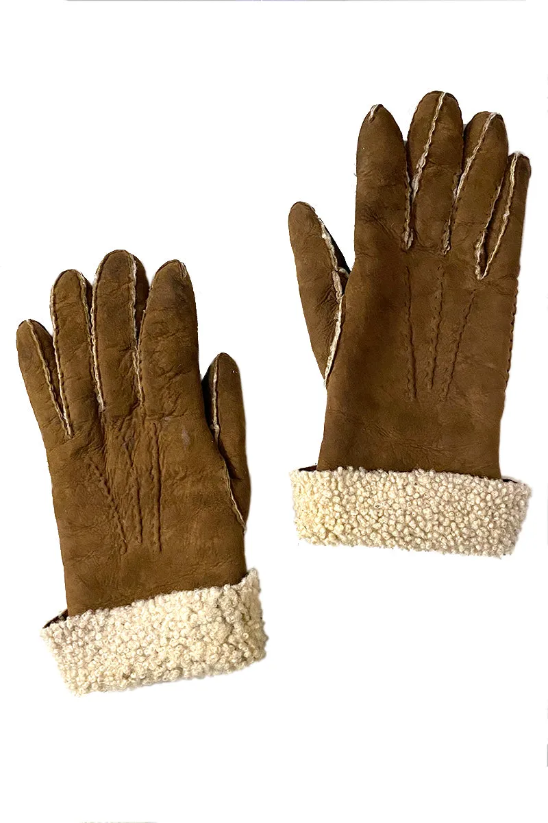 1970s Harrods Shearling Brown Leather Gloves 7.5