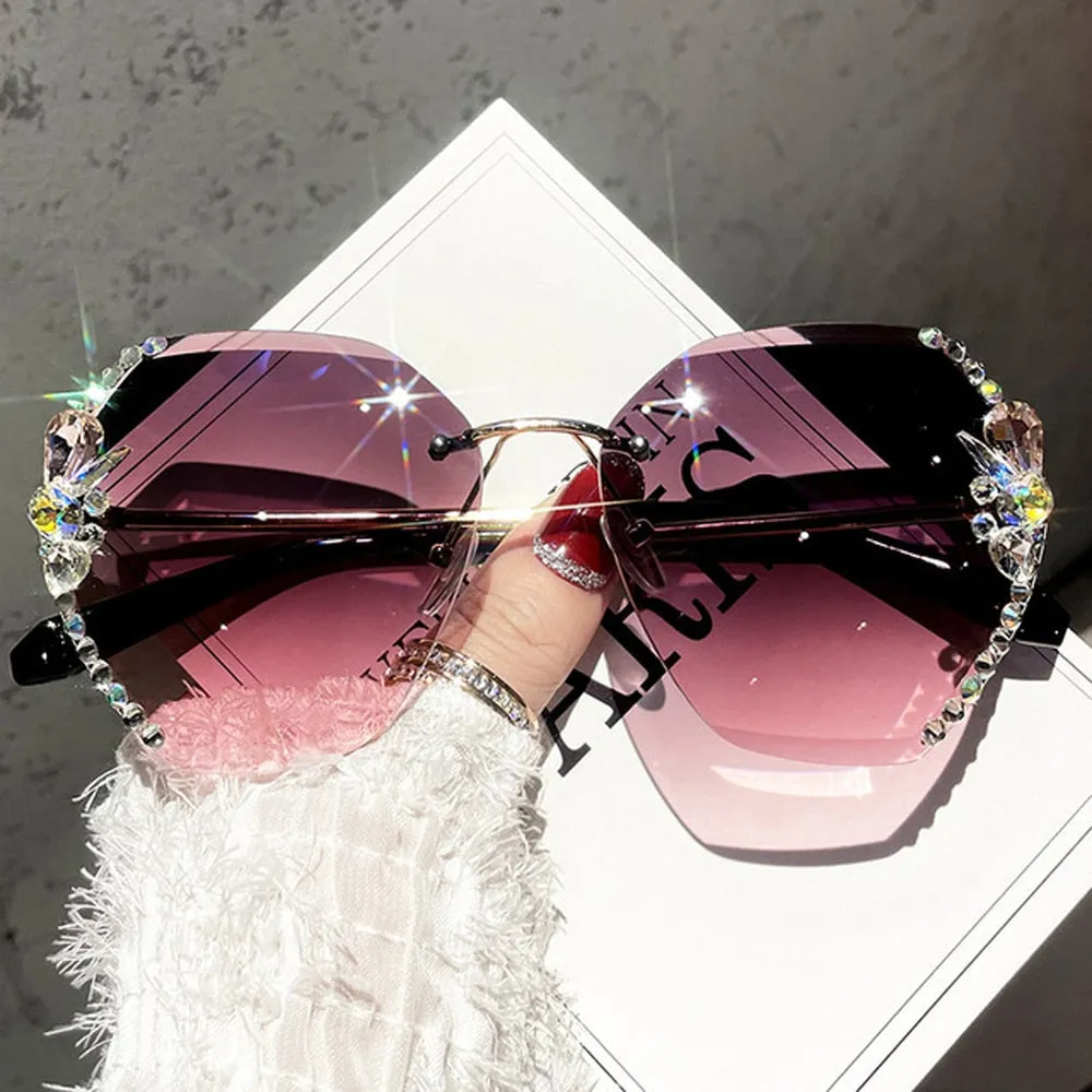 2022 Fashion Brand Design Vintage Rimless Rhinestone Sunglasses Women Men Retro Cutting Lens Gradient Sun Glasses Female UV400