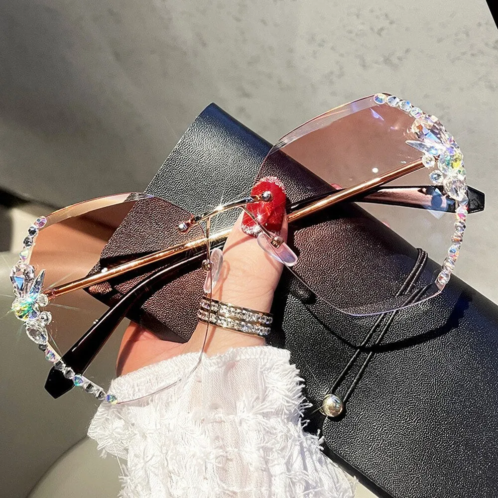 2022 Fashion Brand Design Vintage Rimless Rhinestone Sunglasses Women Men Retro Cutting Lens Gradient Sun Glasses Female UV400