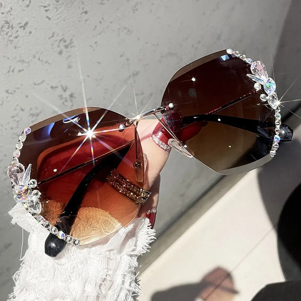 2022 Fashion Brand Design Vintage Rimless Rhinestone Sunglasses Women Men Retro Cutting Lens Gradient Sun Glasses Female UV400