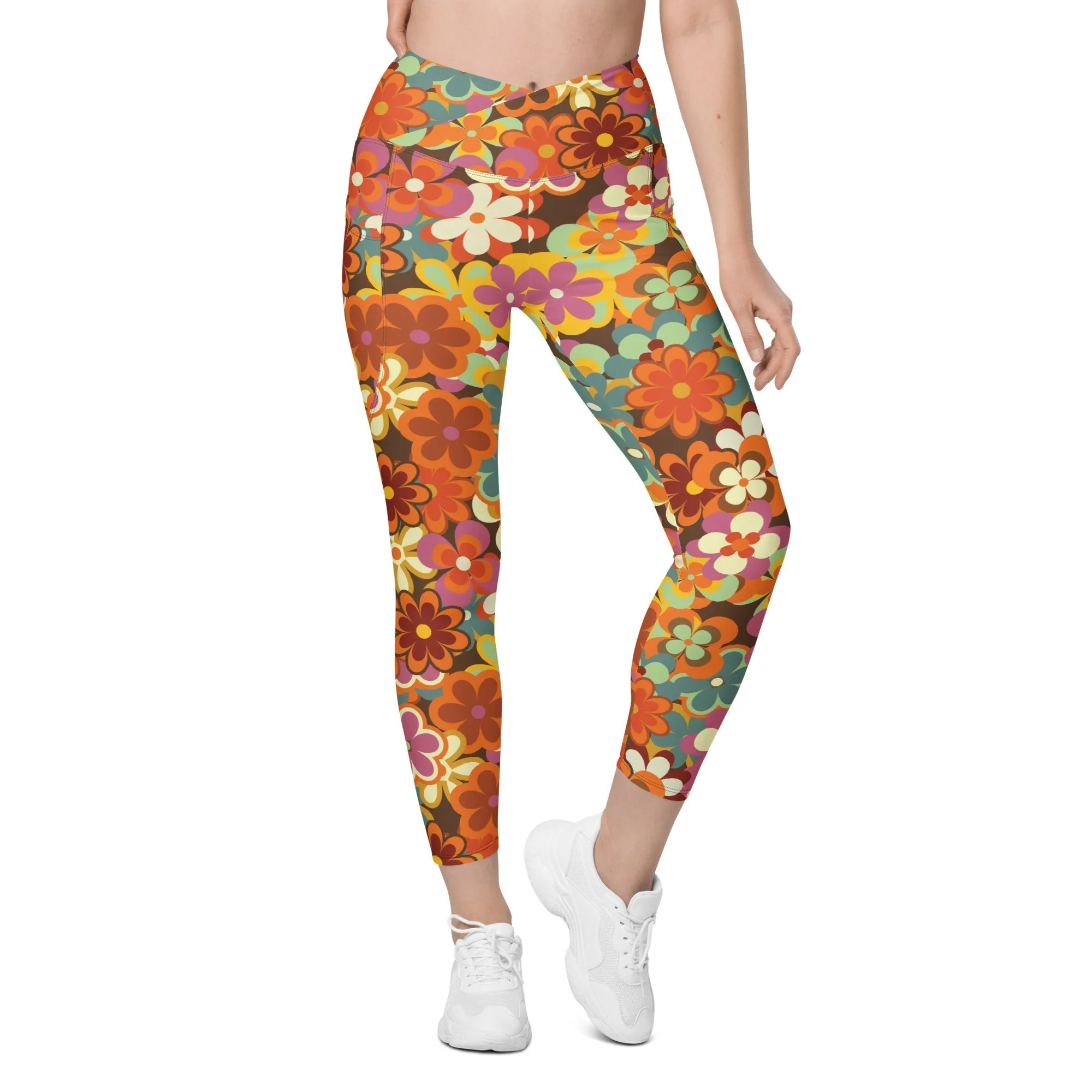 70s Flower Pattern Crossover Leggings With Pockets