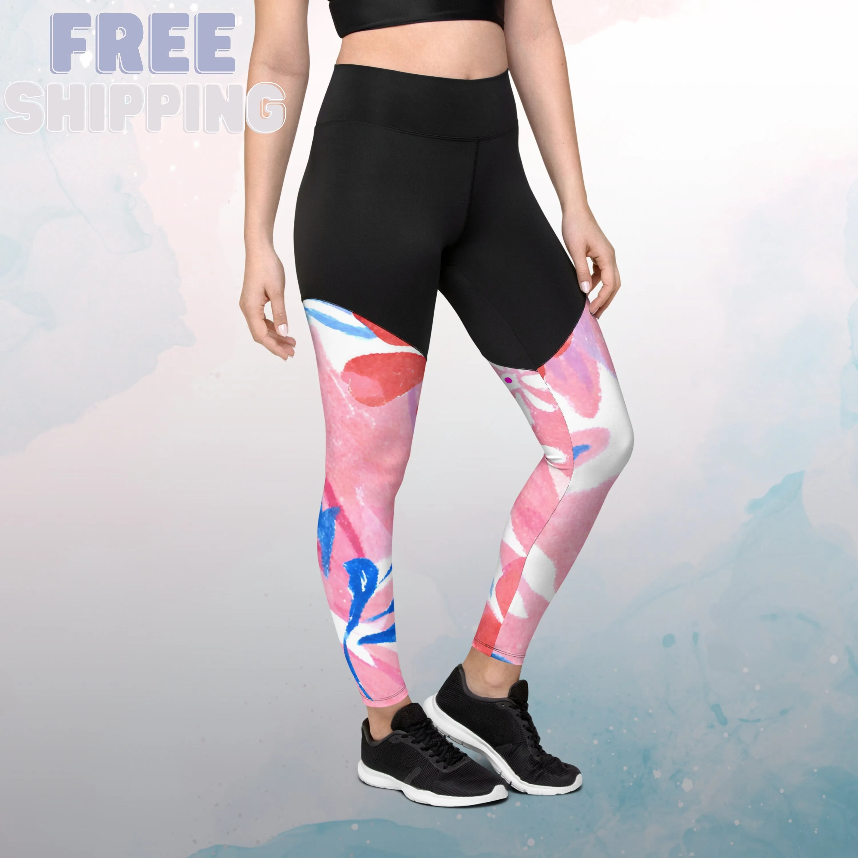 Abstract Patriotic Floral Pattern on High Impact Sports Leggings for Ladies Gift