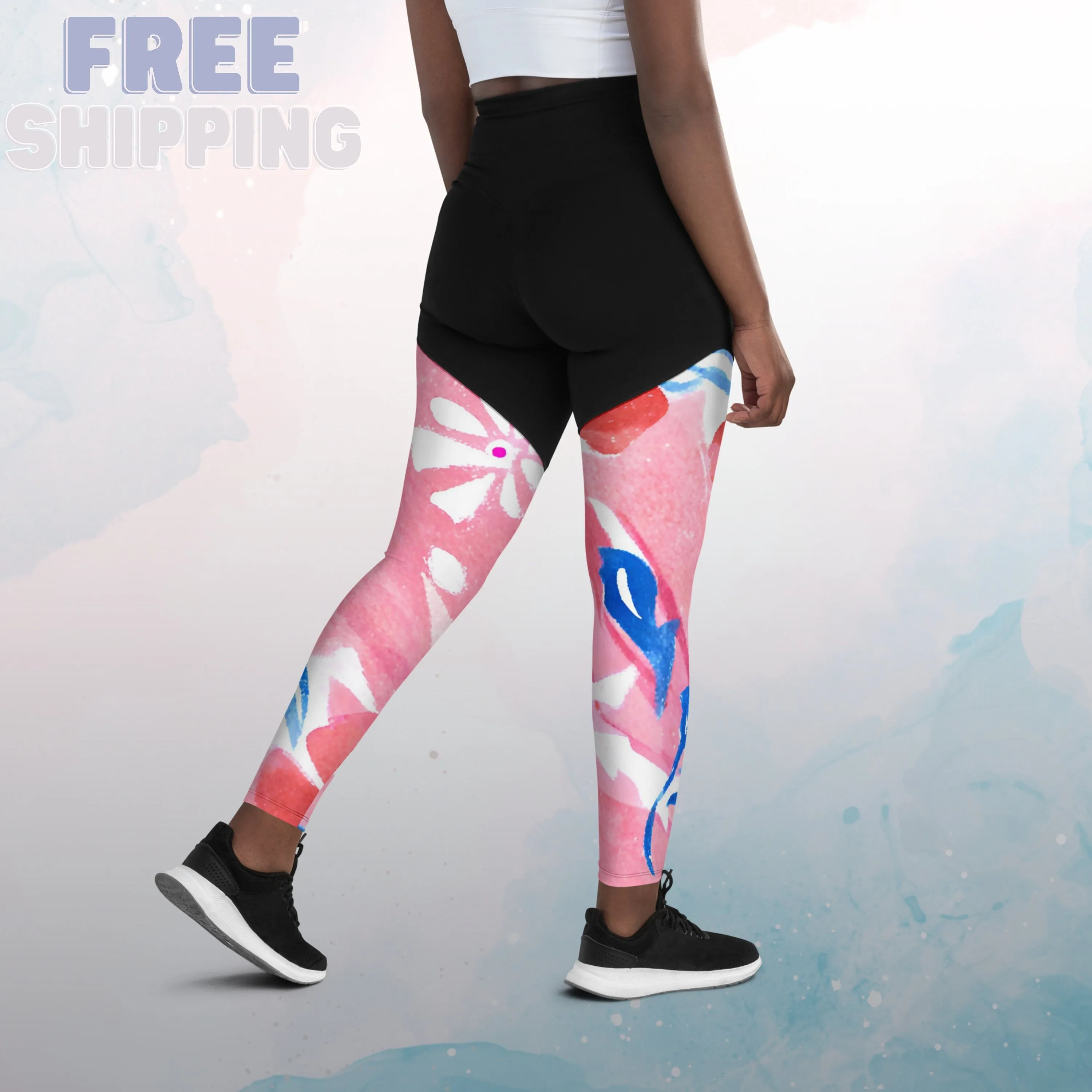 Abstract Patriotic Floral Pattern on High Impact Sports Leggings for Ladies Gift