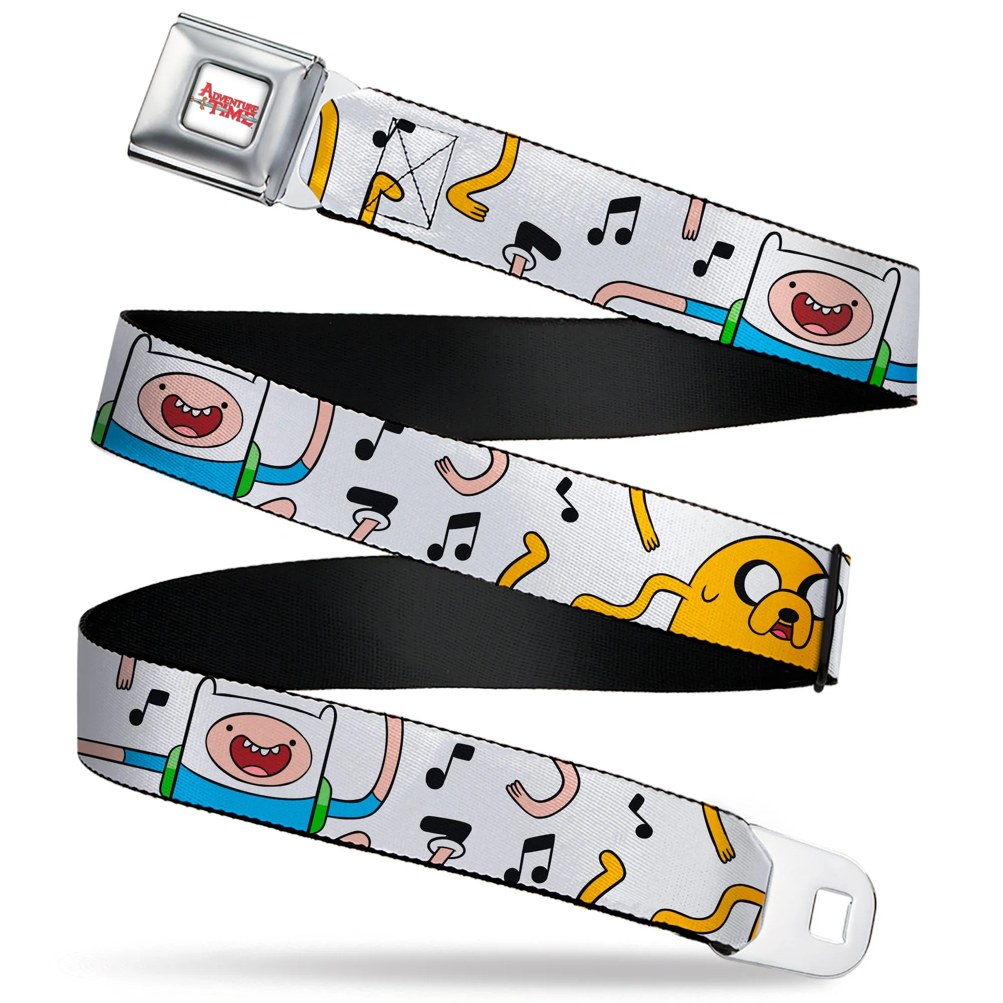 ADVENTURE TIME Title Logo Full Color White Seatbelt Belt - Adventure Time Finn and Jake Dancing Poses and Music Notes White Webbing