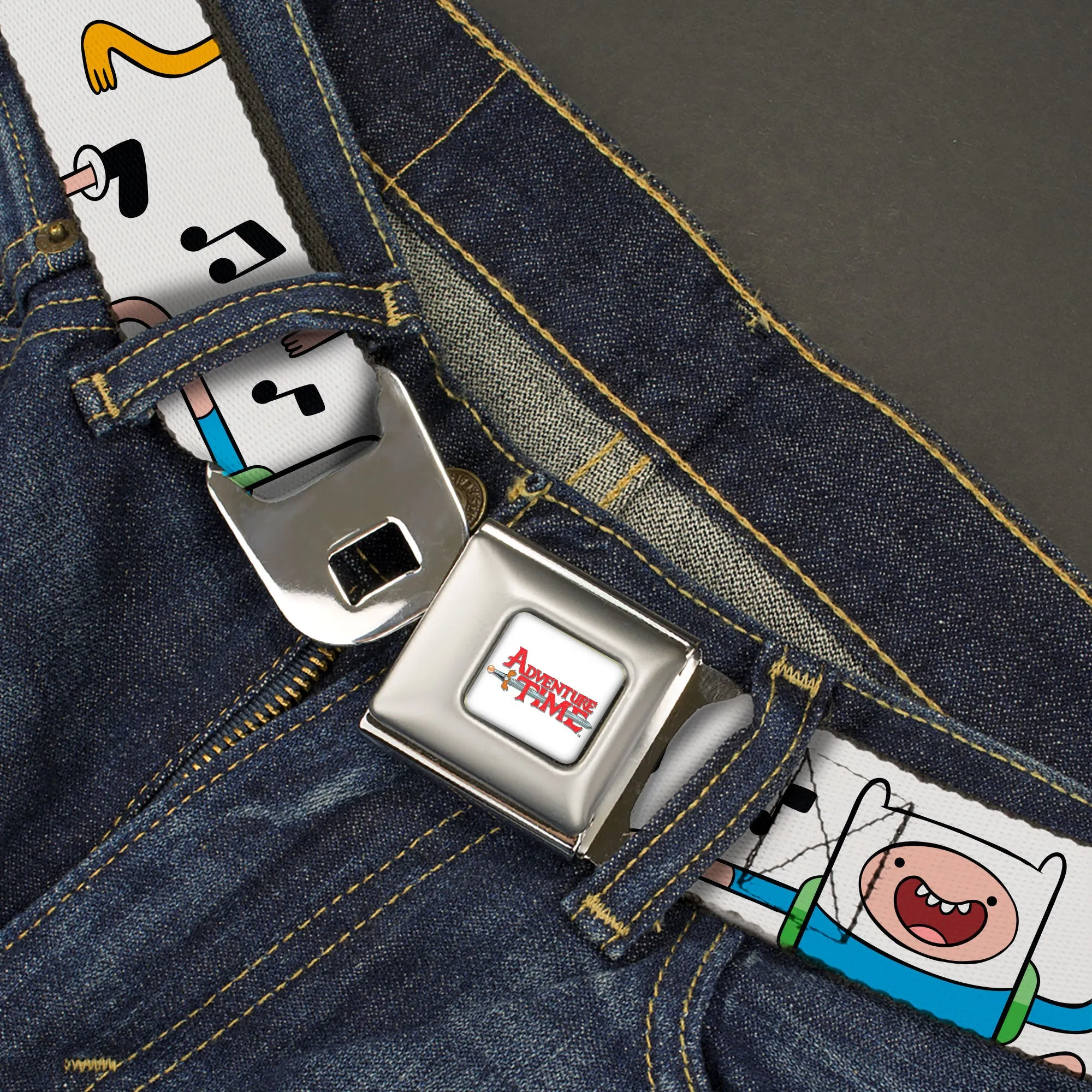 ADVENTURE TIME Title Logo Full Color White Seatbelt Belt - Adventure Time Finn and Jake Dancing Poses and Music Notes White Webbing