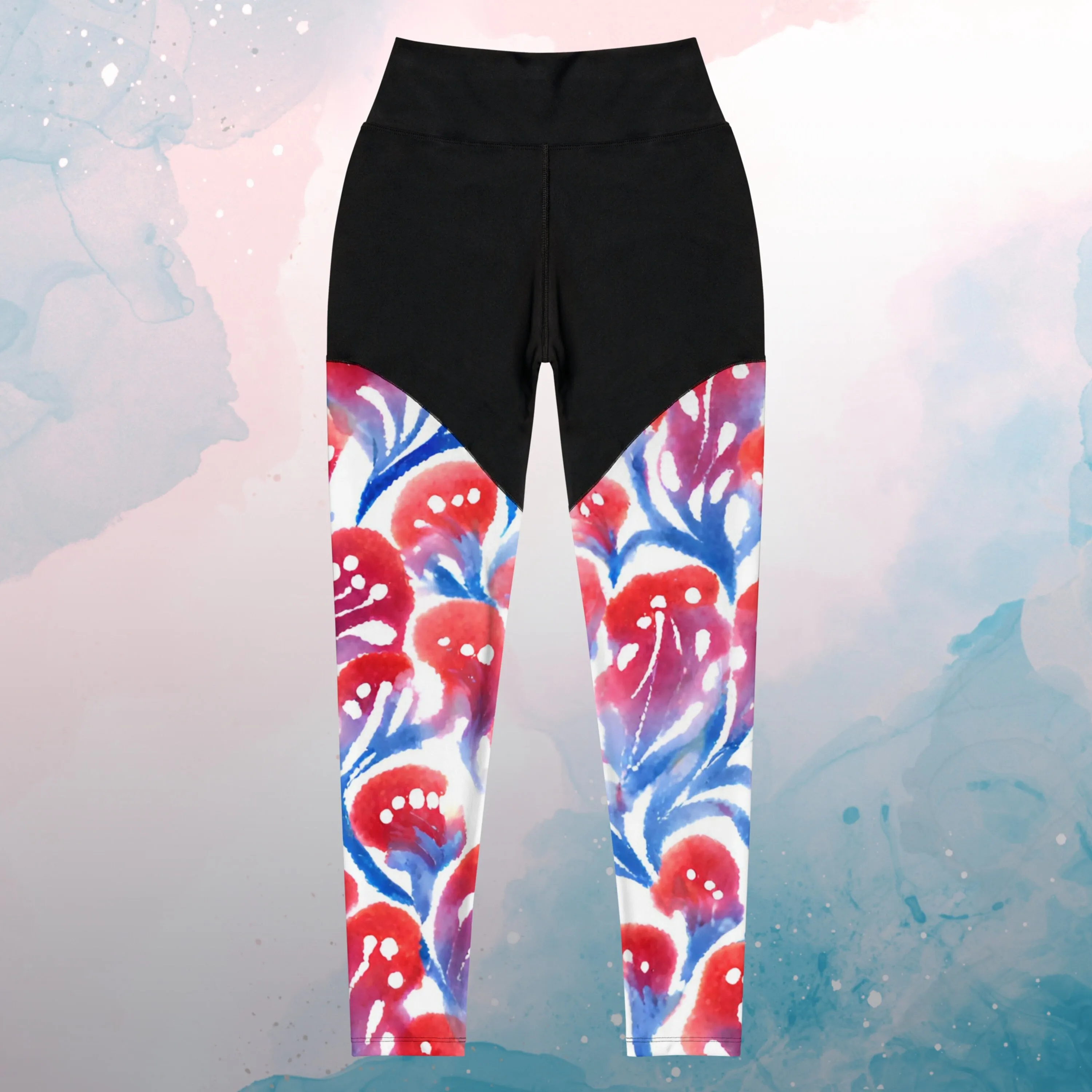 AI generated Red and Blue Floral Pattern Sports Leggings