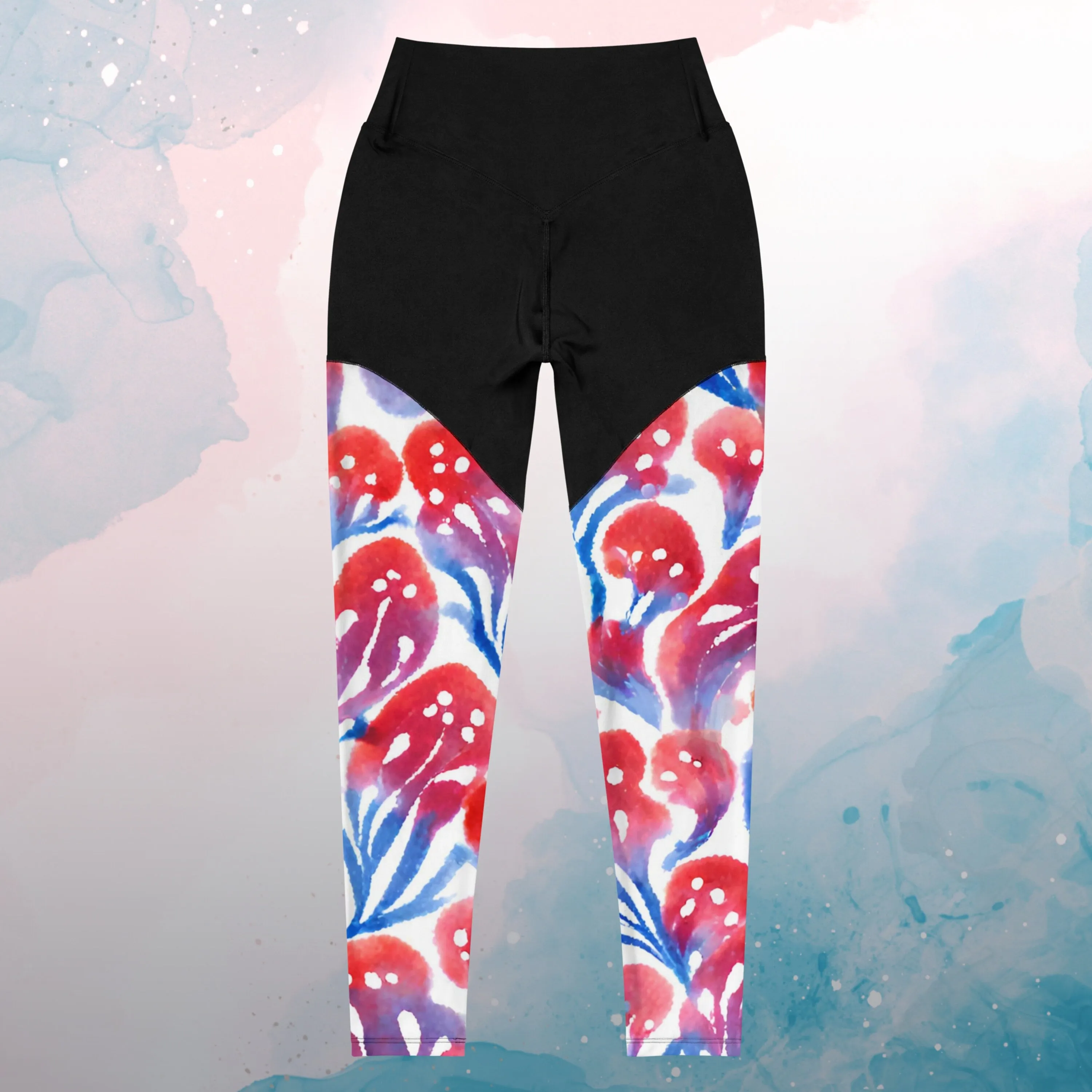 AI generated Red and Blue Floral Pattern Sports Leggings