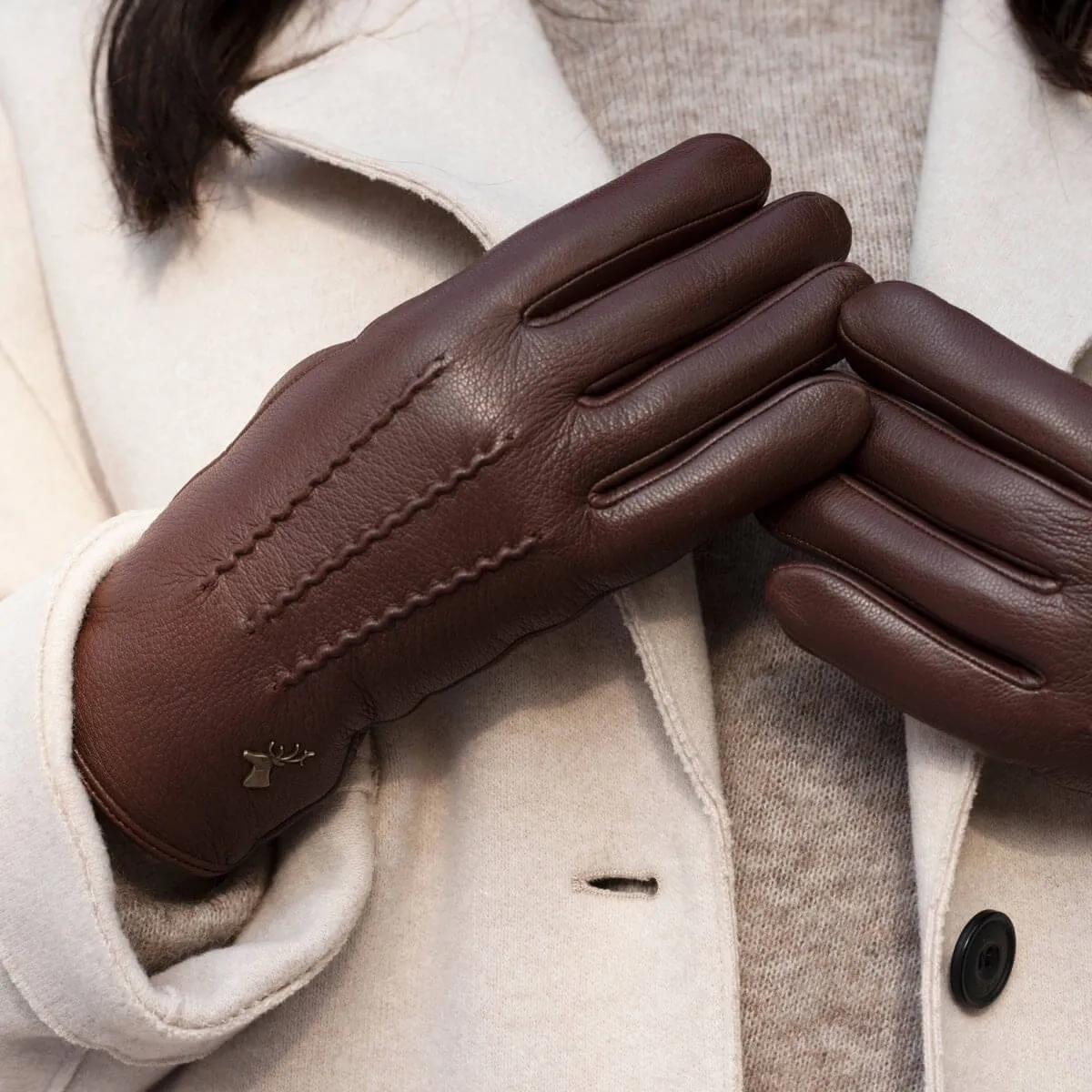 Alessandra (brown) - goatskin leather gloves with lambswool lining & touchscreen feature