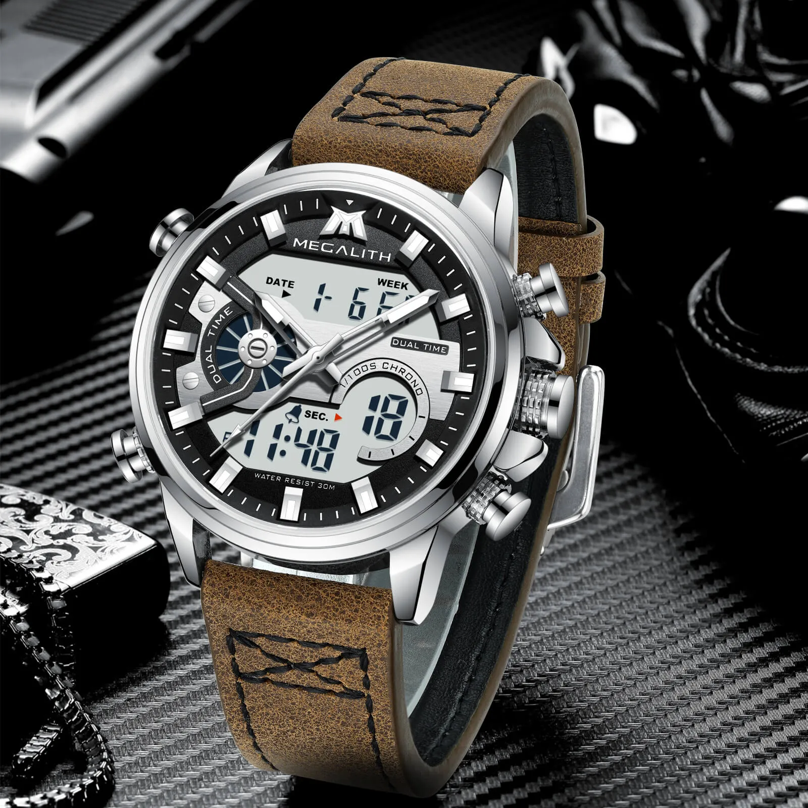 Analog Digital Watch | Leather Band | 8276M