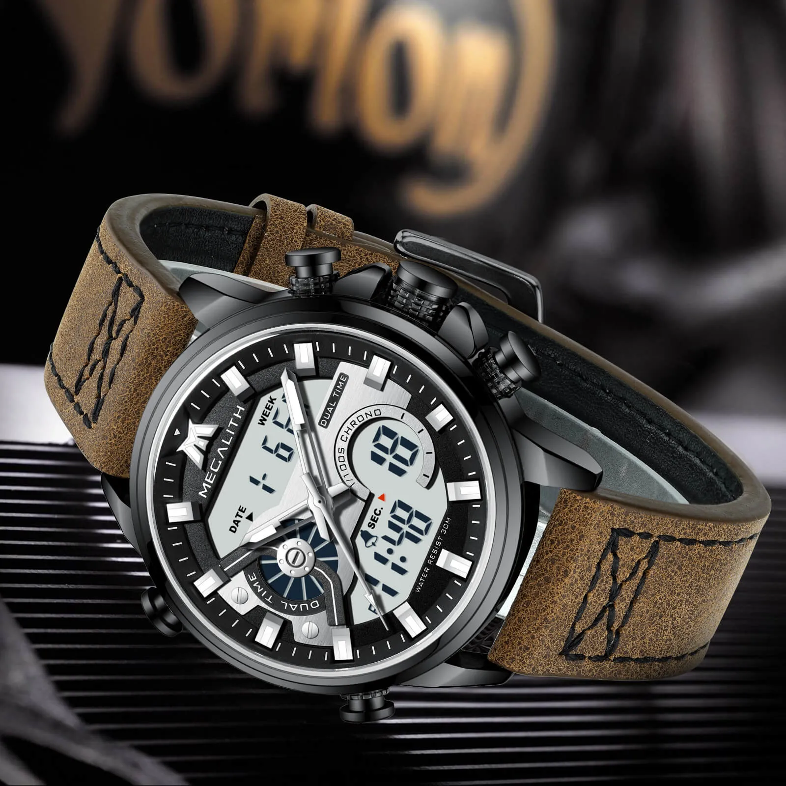 Analog Digital Watch | Leather Band | 8276M