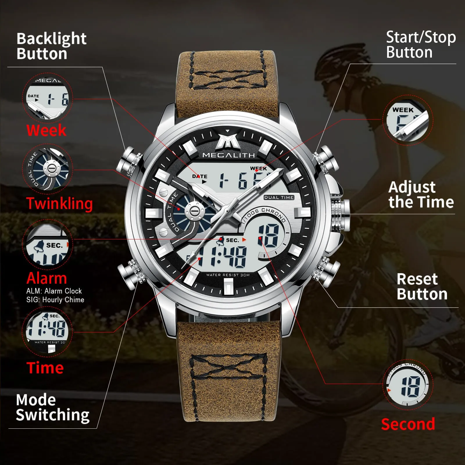 Analog Digital Watch | Leather Band | 8276M