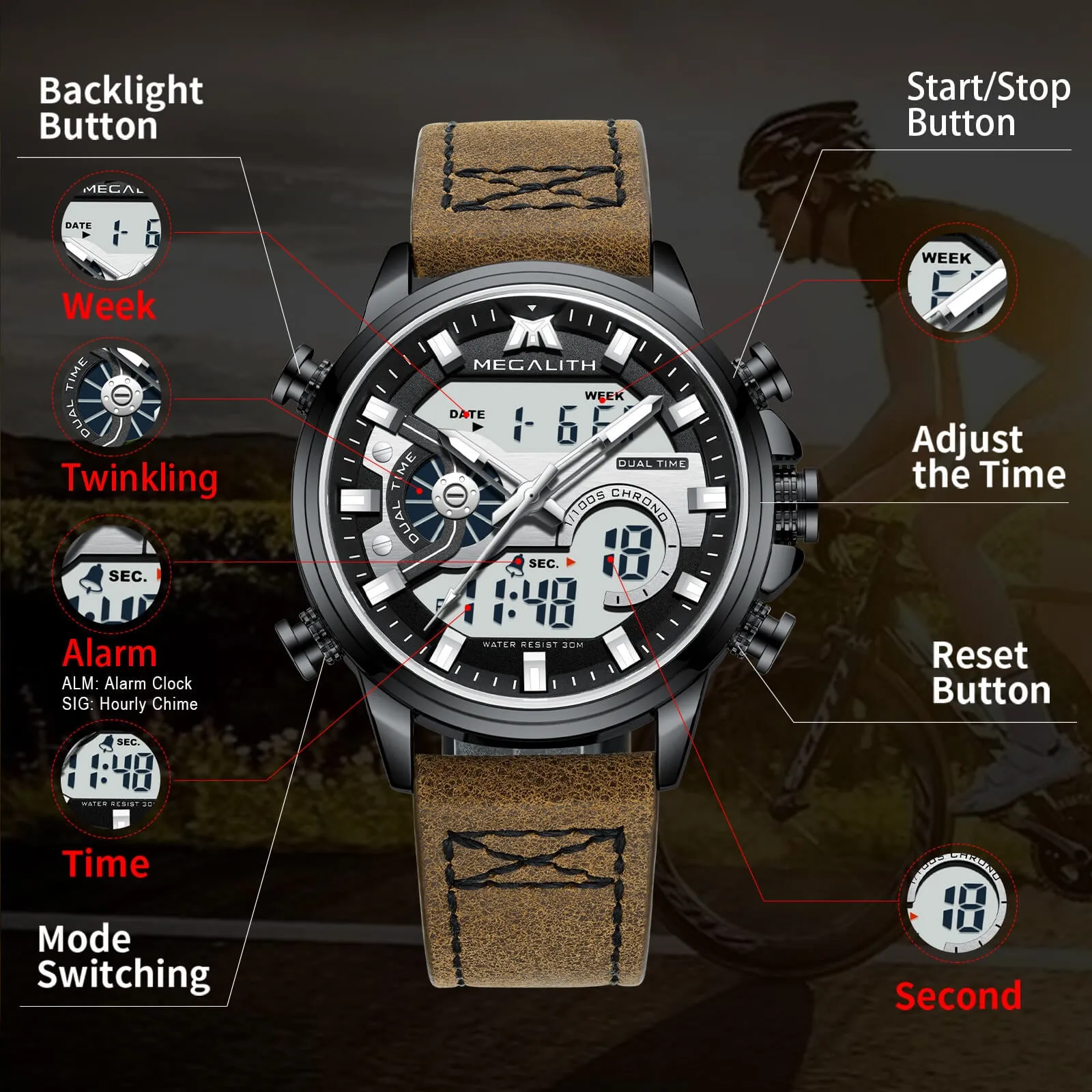 Analog Digital Watch | Leather Band | 8276M