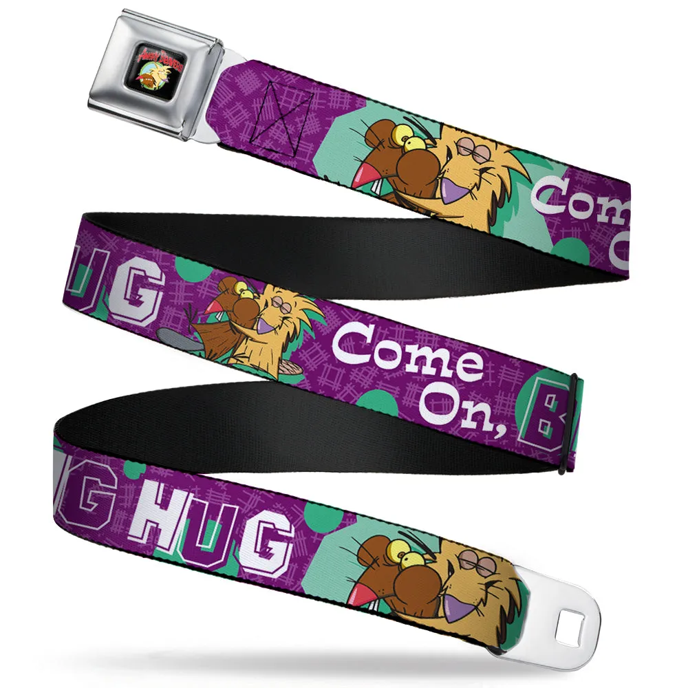 Angry Beavers Logo Full Color Black Seatbelt Belt - Norbert Hugging Daggett COME ON, BRO HUG Purples/Teal/White Webbing