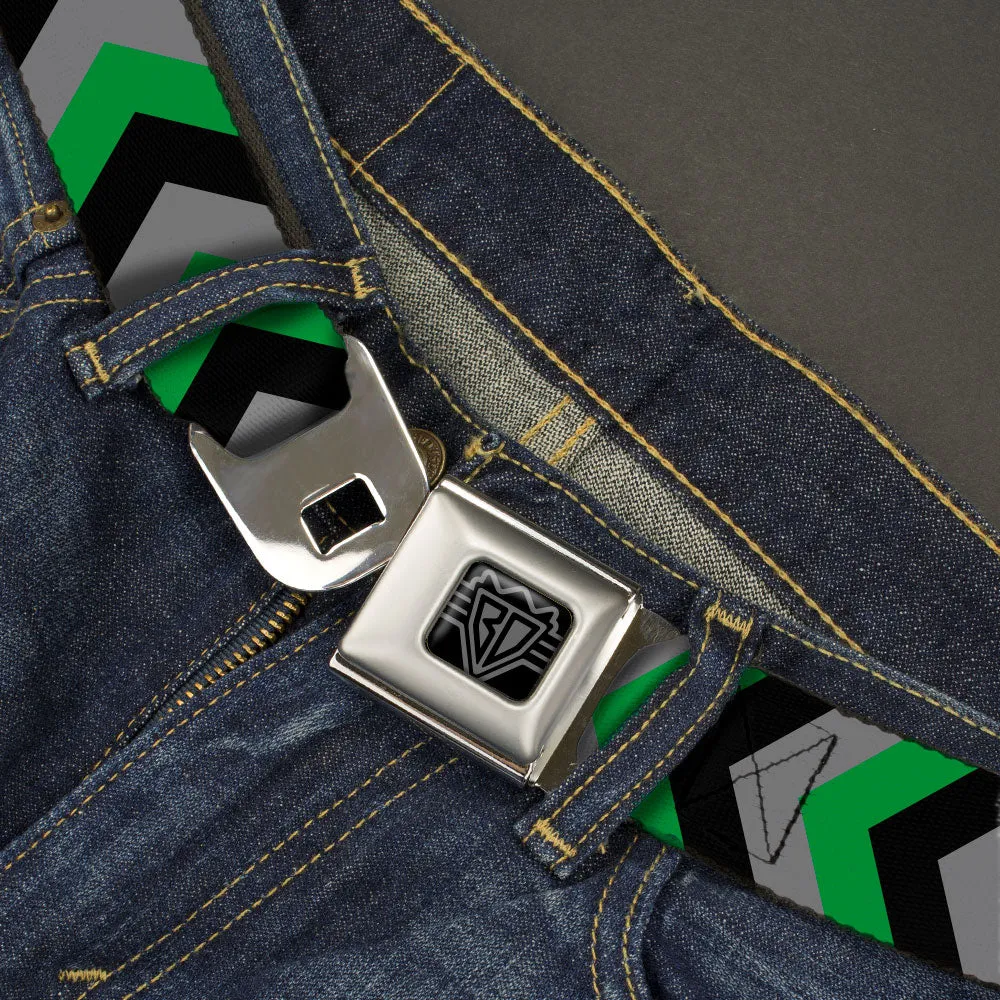 BD Wings Logo CLOSE-UP Black/Silver Seatbelt Belt - Chevron Green/Black/Gray Webbing