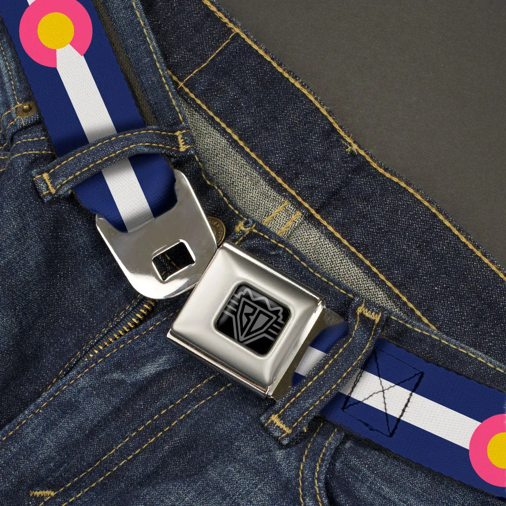 BD Wings Logo CLOSE-UP Black/Silver Seatbelt Belt - Colorado Flags6 Repeat Blue/White/Pink/Yellow Webbing