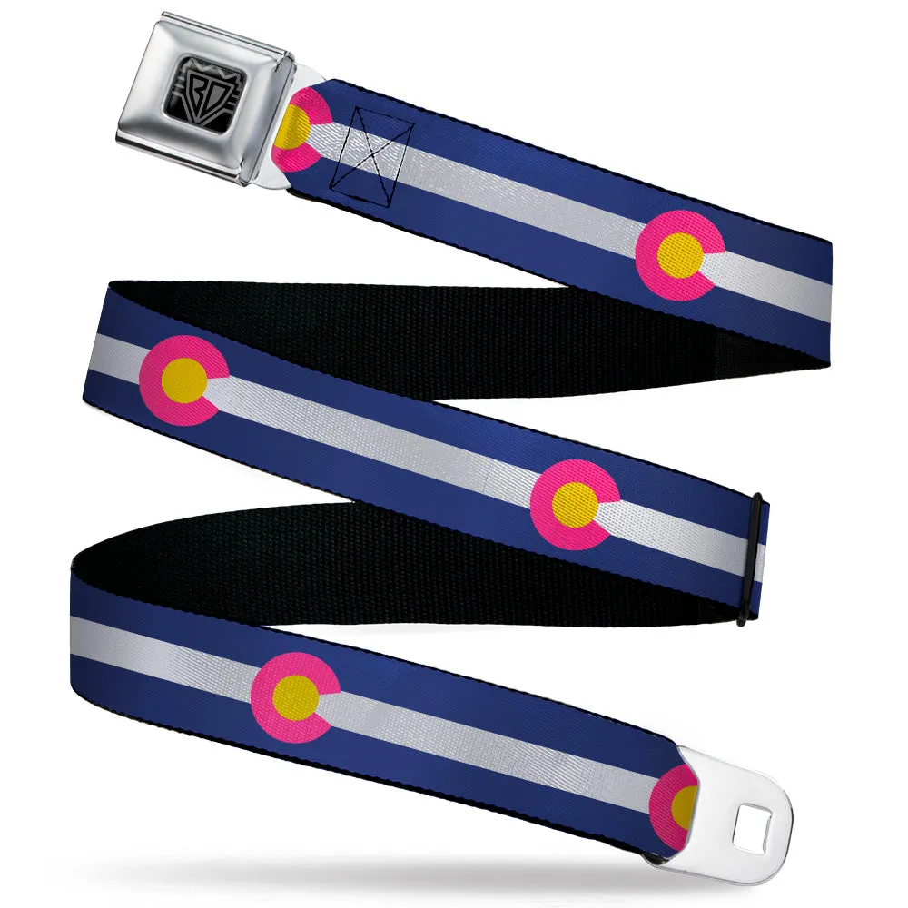 BD Wings Logo CLOSE-UP Black/Silver Seatbelt Belt - Colorado Flags6 Repeat Blue/White/Pink/Yellow Webbing