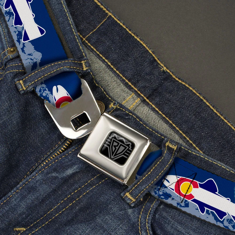 BD Wings Logo CLOSE-UP Black/Silver Seatbelt Belt - Colorado Trout Flag Blue/White/Red/Yellow Webbing