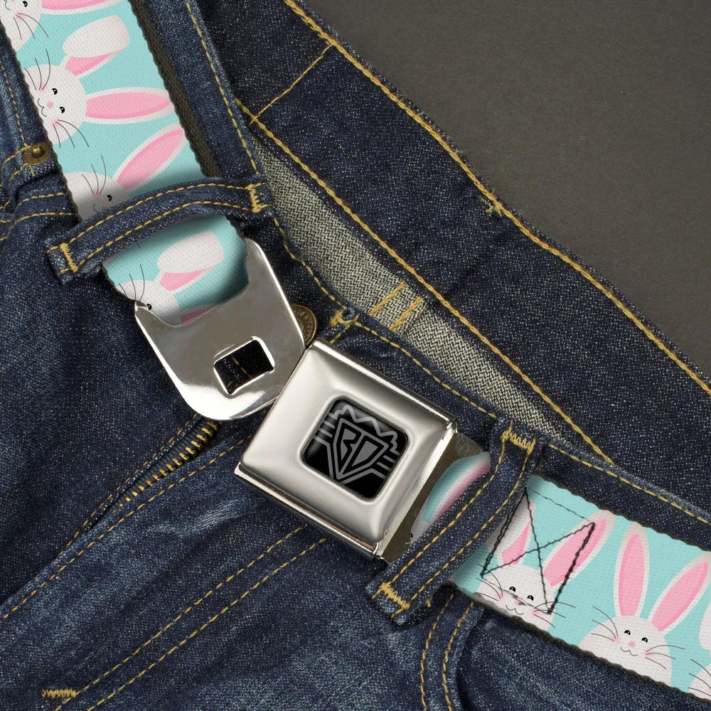 BD Wings Logo CLOSE-UP Black/Silver Seatbelt Belt - Easter Bunnies Smiling Sky Blue Webbing