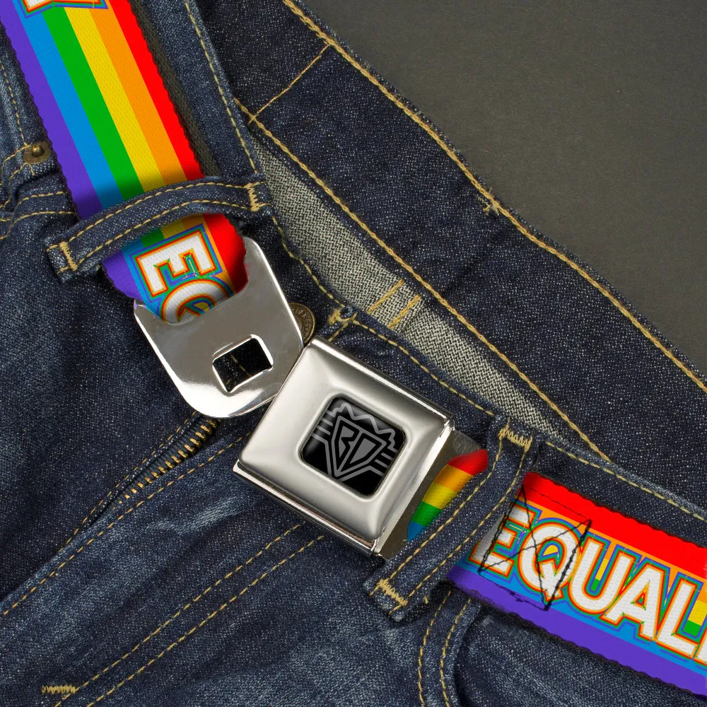 BD Wings Logo CLOSE-UP Black/Silver Seatbelt Belt - EQUALITY/Stripe Rainbow/White Webbing