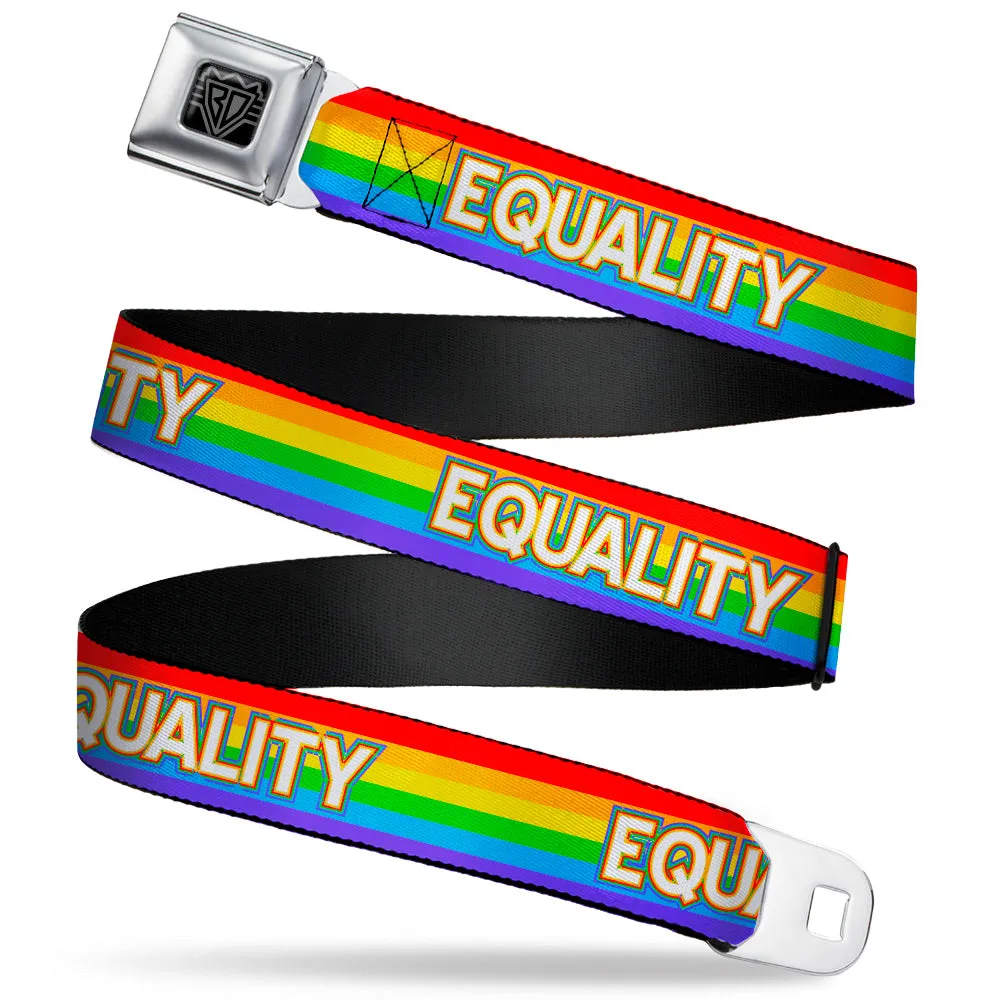 BD Wings Logo CLOSE-UP Black/Silver Seatbelt Belt - EQUALITY/Stripe Rainbow/White Webbing