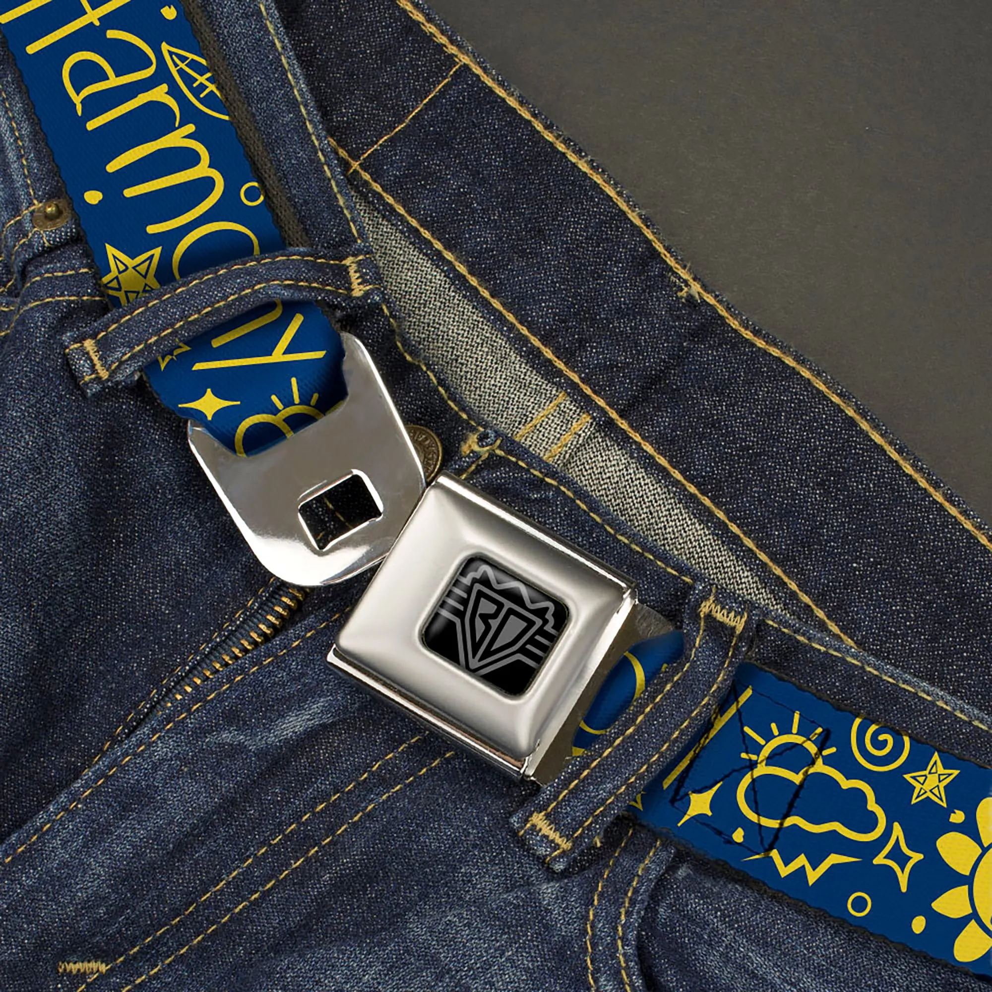 BD Wings Logo CLOSE-UP Black/Silver Seatbelt Belt - HARMONY BALANCE LIFE Icons Collage Blue/Yellow Webbing