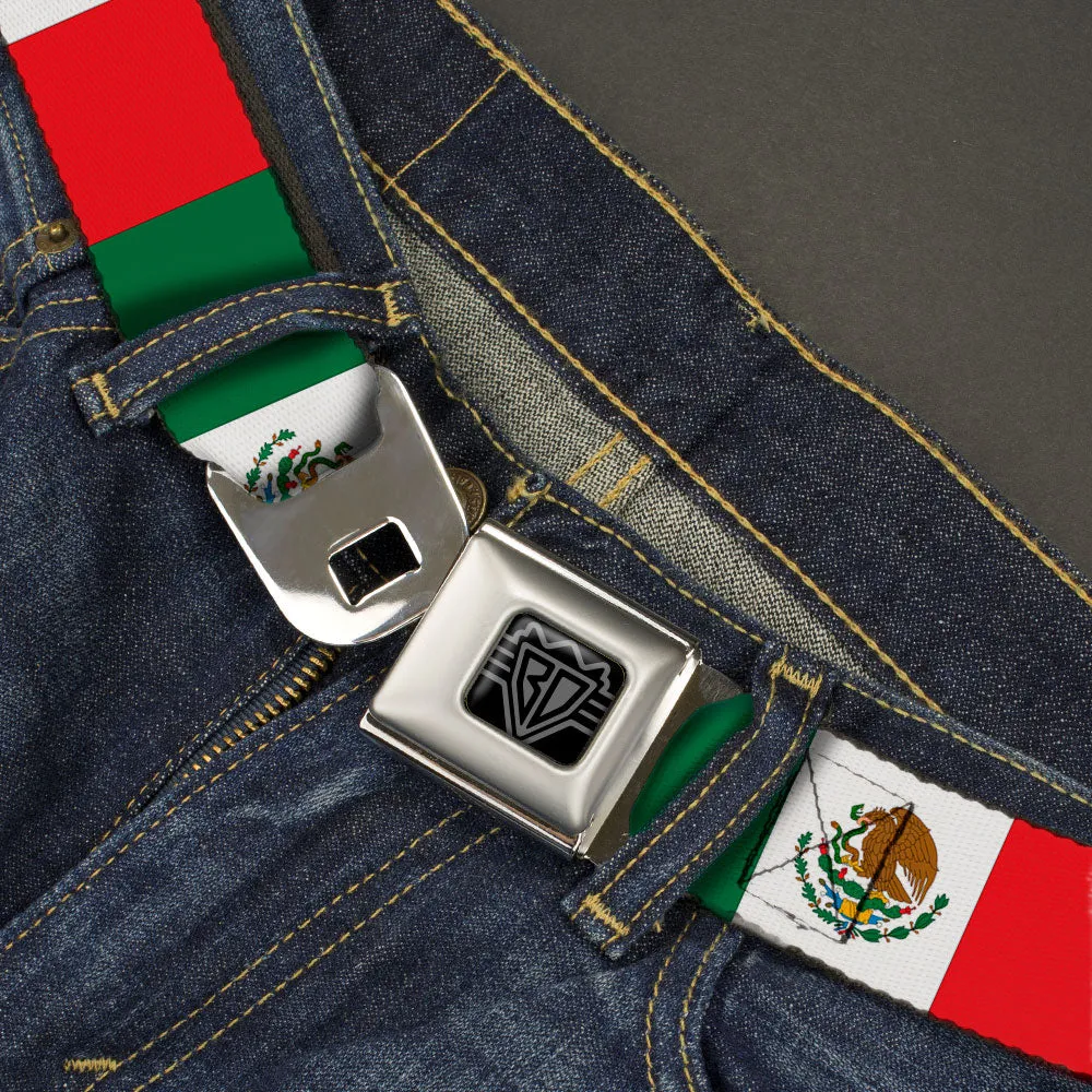 BD Wings Logo CLOSE-UP Black/Silver Seatbelt Belt - Mexico Flag Continuous Webbing