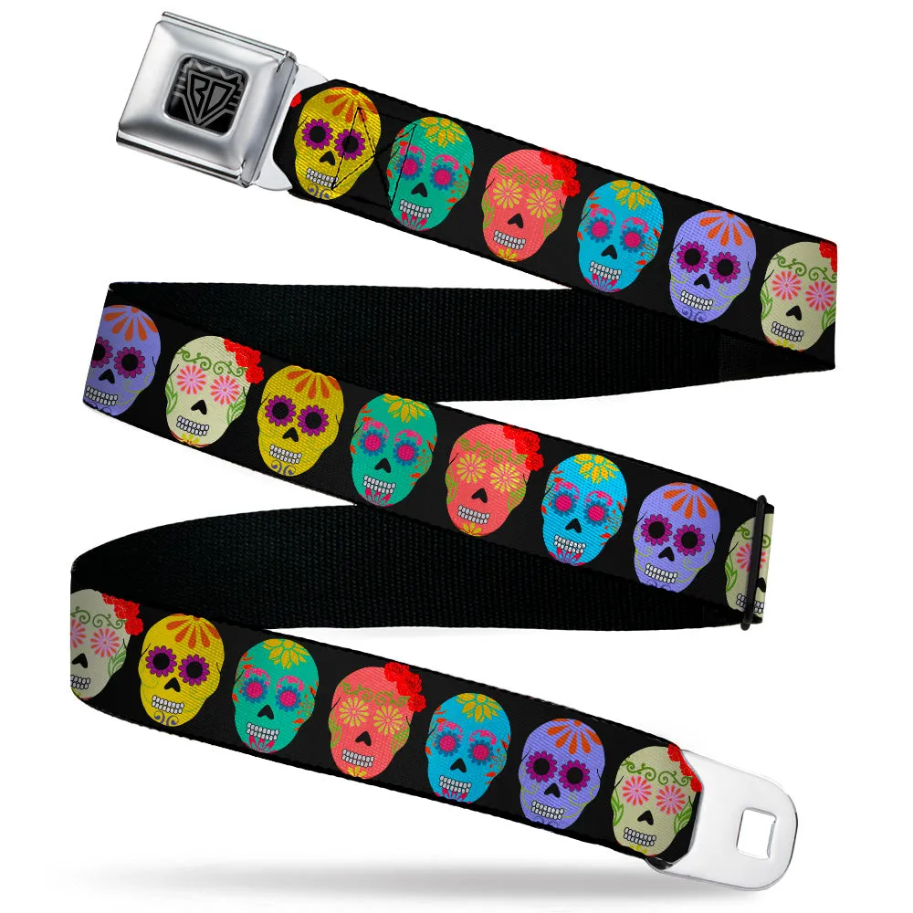 BD Wings Logo CLOSE-UP Black/Silver Seatbelt Belt - Painted Sugar Skulls Black/Multi Color Webbing