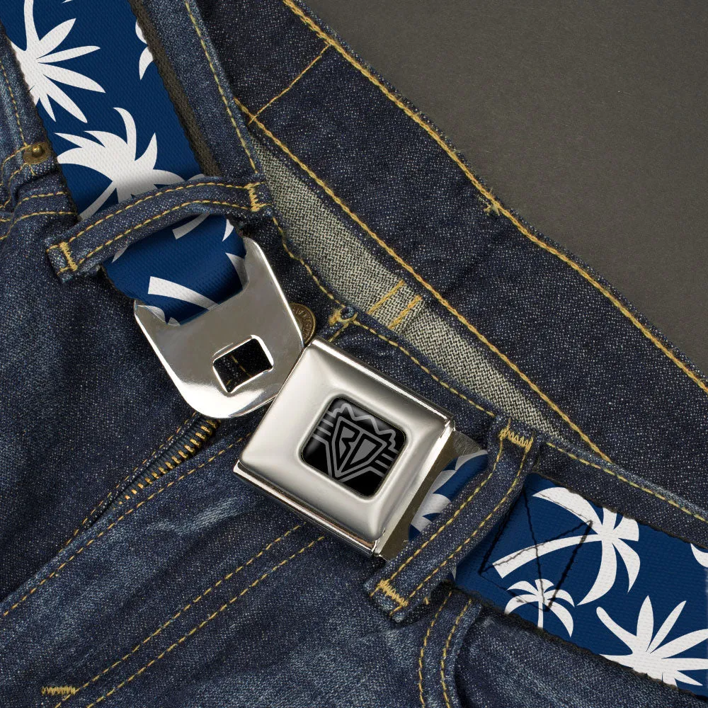 BD Wings Logo CLOSE-UP Black/Silver Seatbelt Belt - Palm Tree Silhouette2 Scattered Navy/White Webbing