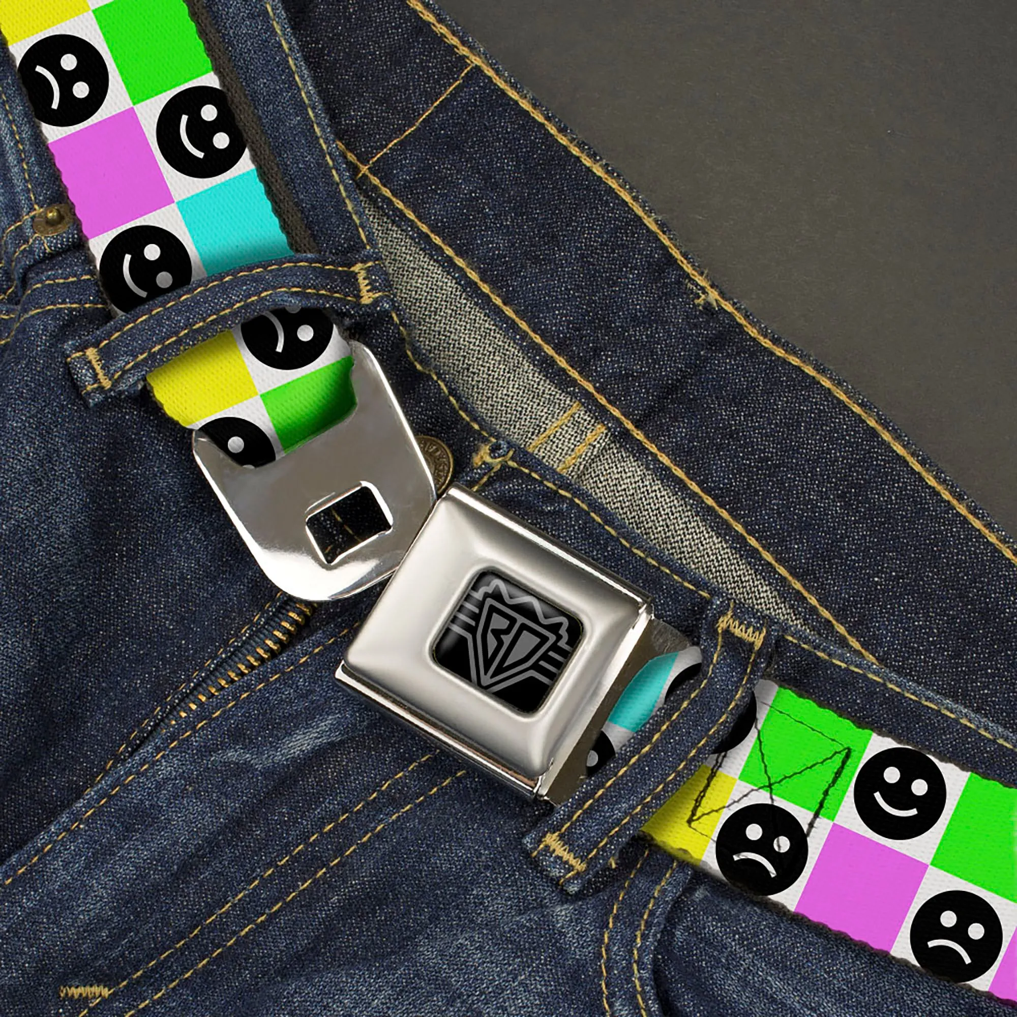 BD Wings Logo CLOSE-UP Black/Silver Seatbelt Belt - Smiley Sad Face Checker Multi Color/White Webbing