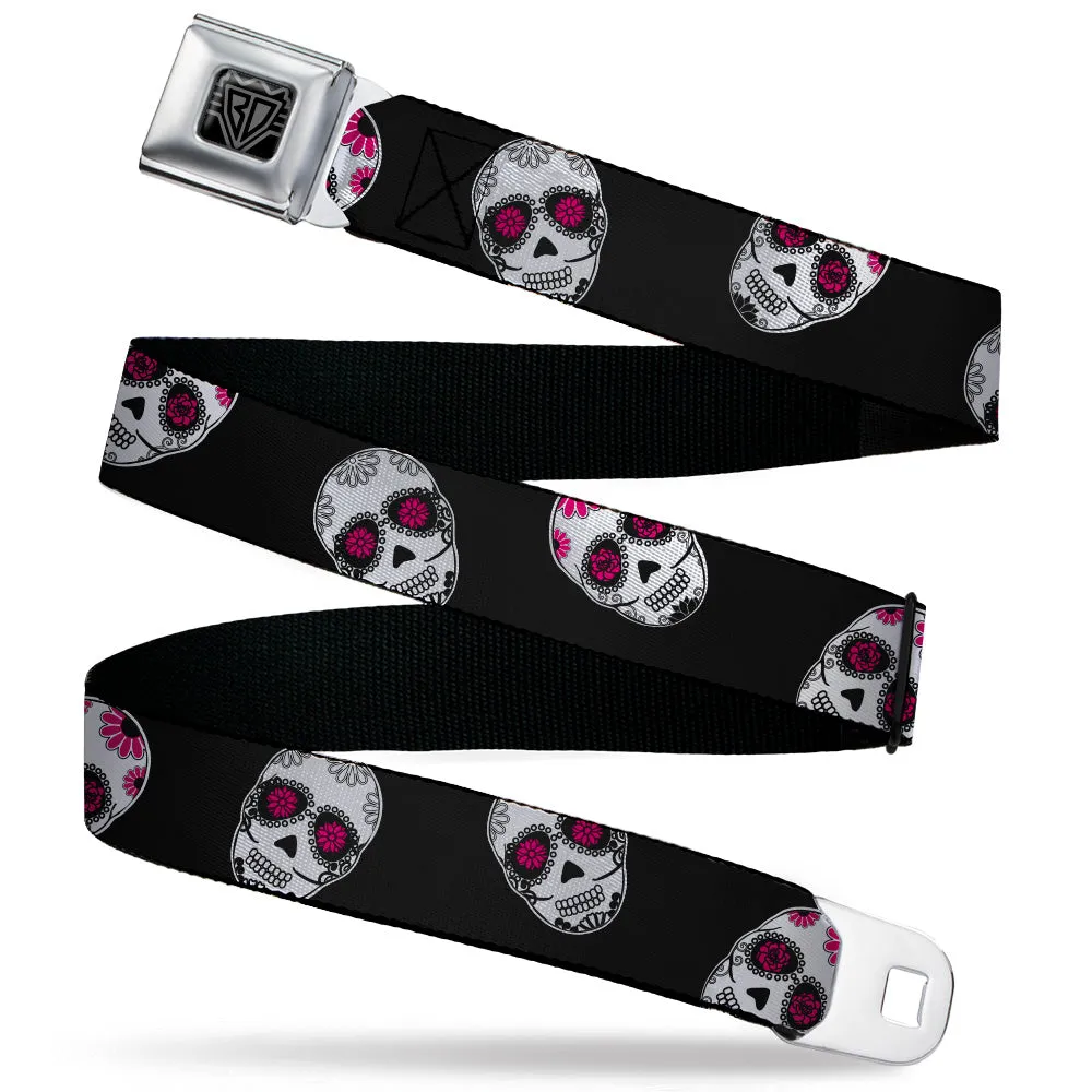 BD Wings Logo CLOSE-UP Black/Silver Seatbelt Belt - Staggered Sugar Skulls Black/White/Pink Webbing