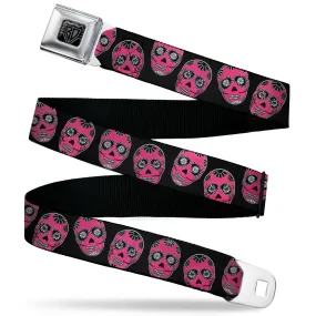 BD Wings Logo CLOSE-UP Black/Silver Seatbelt Belt - Sugar Skulls Black/White/Fuchsia Webbing