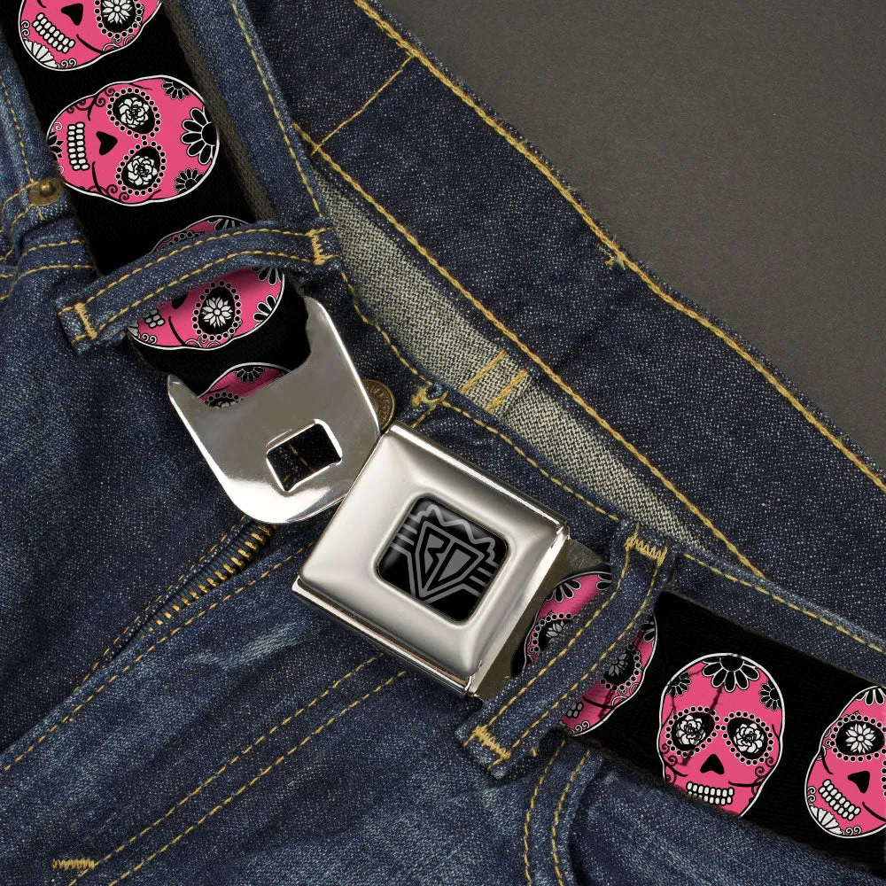 BD Wings Logo CLOSE-UP Black/Silver Seatbelt Belt - Sugar Skulls Black/White/Fuchsia Webbing