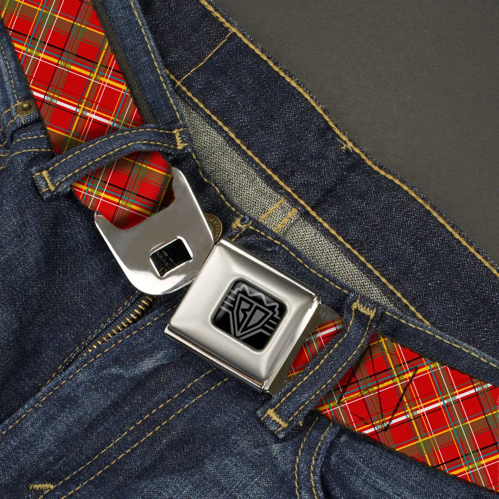 BD Wings Logo CLOSE-UP Black/Silver Seatbelt Belt - Tartan Plaid2 Red/Green/Yellow Webbing