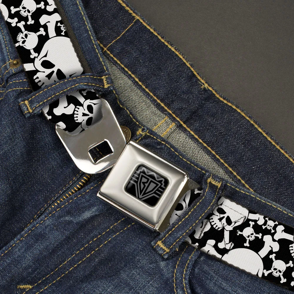 BD Wings Logo CLOSE-UP Black/Silver Seatbelt Belt - Top Skulls CLOSE-UP Stacked Black/White Webbing