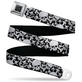 BD Wings Logo CLOSE-UP Black/Silver Seatbelt Belt - Top Skulls CLOSE-UP Stacked Black/White Webbing