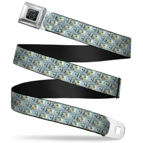 BD Wings Logo CLOSE-UP Full Color Black Silver Seatbelt Belt - 100 Dollar Bill Series 2009 Repeat Webbing