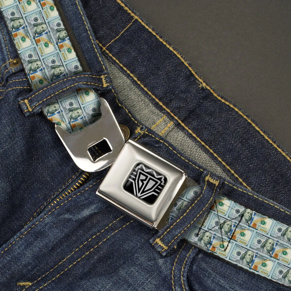 BD Wings Logo CLOSE-UP Full Color Black Silver Seatbelt Belt - 100 Dollar Bill Series 2009 Repeat Webbing