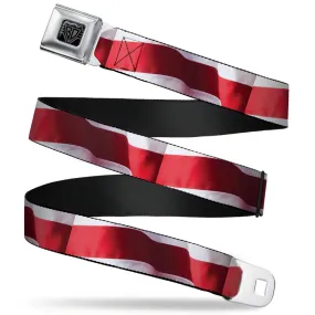 BD Wings Logo CLOSE-UP Full Color Black Silver Seatbelt Belt - American Flag Vivid Stripes CLOSE-UP Red/White Webbing