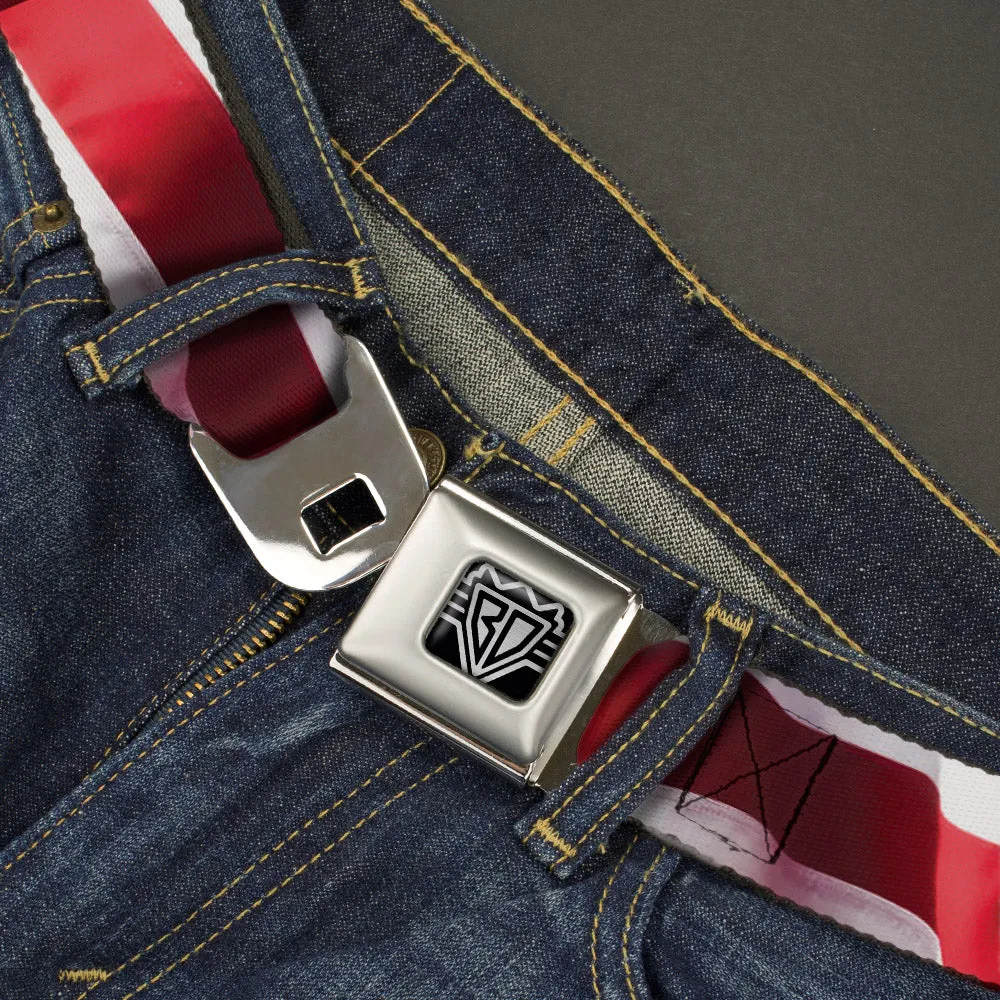 BD Wings Logo CLOSE-UP Full Color Black Silver Seatbelt Belt - American Flag Vivid Stripes CLOSE-UP Red/White Webbing