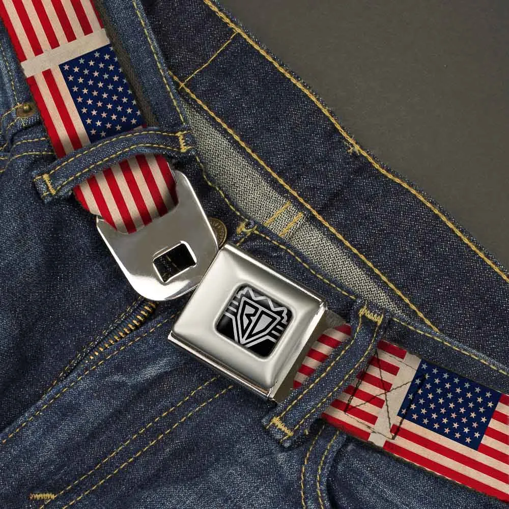 BD Wings Logo CLOSE-UP Full Color Black Silver Seatbelt Belt - American Flag Weathered Color Repeat Webbing