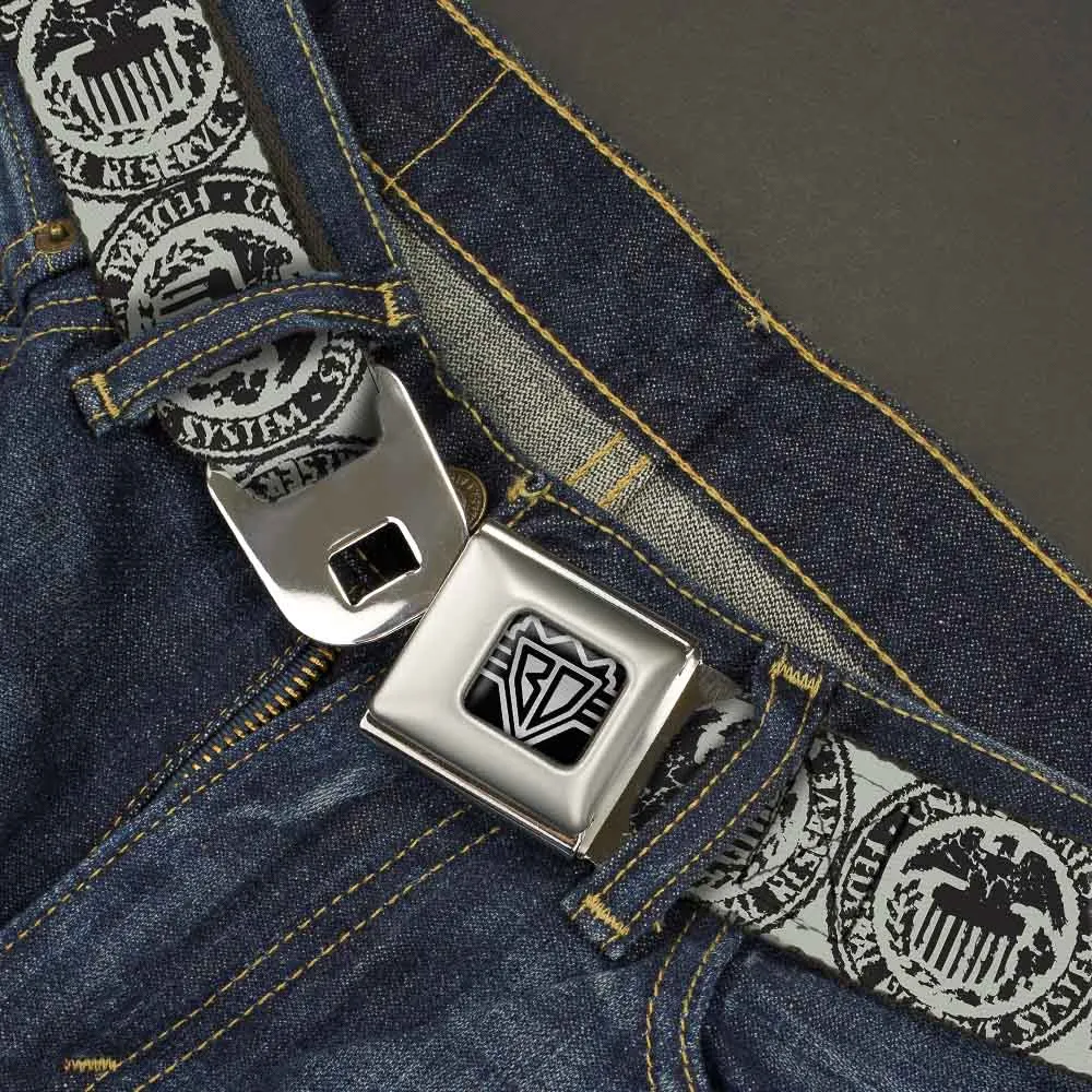 BD Wings Logo CLOSE-UP Full Color Black Silver Seatbelt Belt - Americana Federal Reserve Seal Weathered Gray/Black Webbing