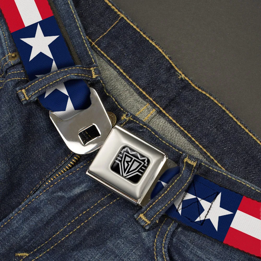 BD Wings Logo CLOSE-UP Full Color Black Silver Seatbelt Belt - Americana Stars & Stripes Webbing