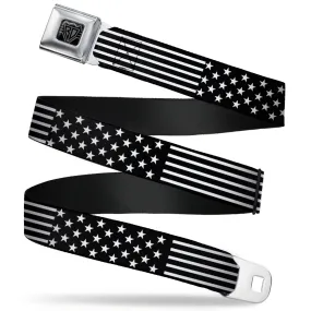 BD Wings Logo CLOSE-UP Full Color Black Silver Seatbelt Belt - Americana Stars & Stripes2 Black/White Webbing