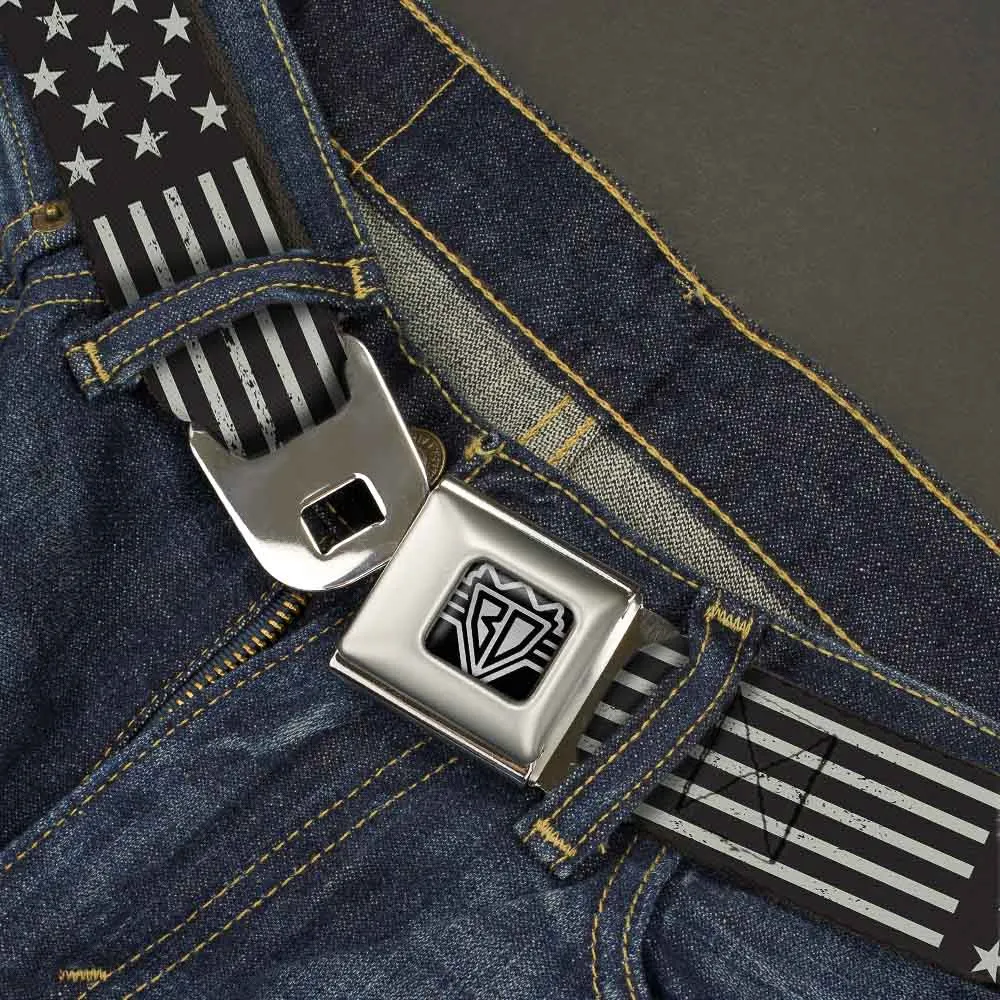 BD Wings Logo CLOSE-UP Full Color Black Silver Seatbelt Belt - Americana Stars & Stripes2 Weathered Black/Gray Webbing