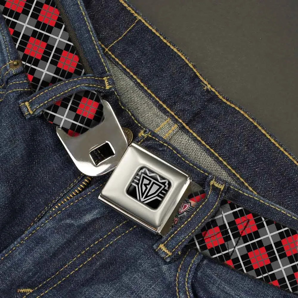 BD Wings Logo CLOSE-UP Full Color Black Silver Seatbelt Belt - Argyle Black/Gray/Red Webbing