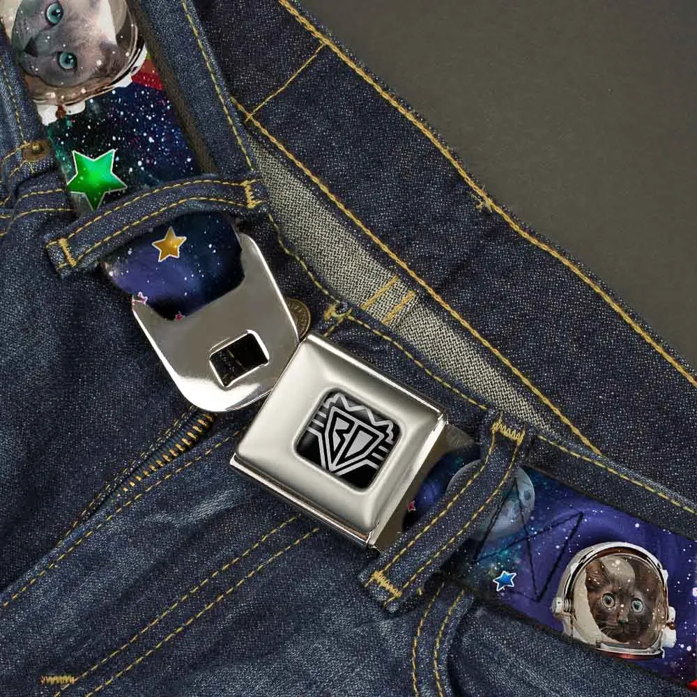 BD Wings Logo CLOSE-UP Full Color Black Silver Seatbelt Belt - Astronaut Cats in Space/Rainbows/Stars Webbing