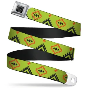 BD Wings Logo CLOSE-UP Full Color Black Silver Seatbelt Belt - Aztec20 Green/Orange/Black Webbing