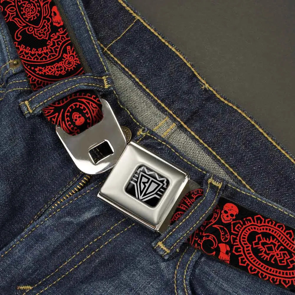 BD Wings Logo CLOSE-UP Full Color Black Silver Seatbelt Belt - Bandana/Skulls Black/Red Webbing