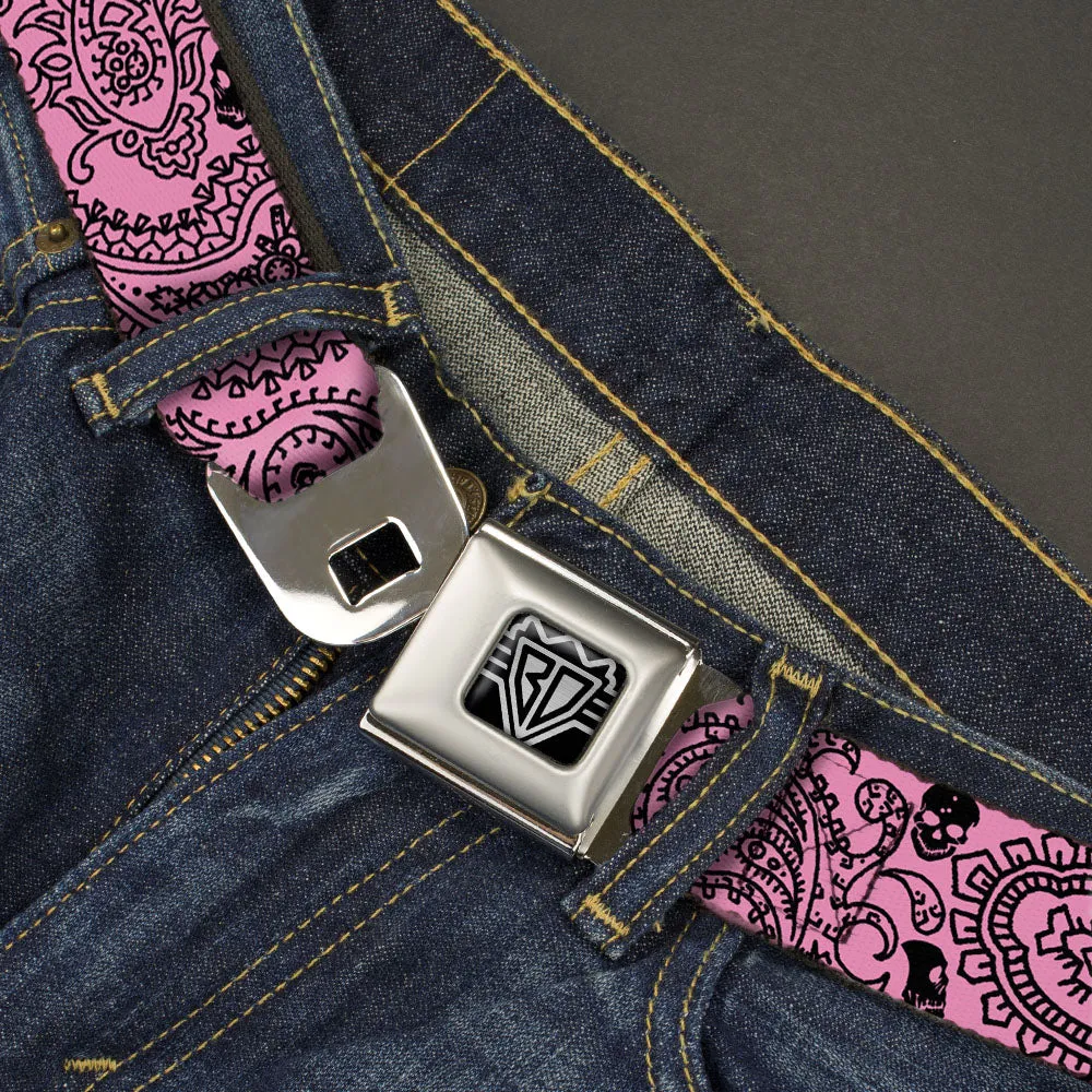 BD Wings Logo CLOSE-UP Full Color Black Silver Seatbelt Belt - Bandana/Skulls Pink/Black Webbing